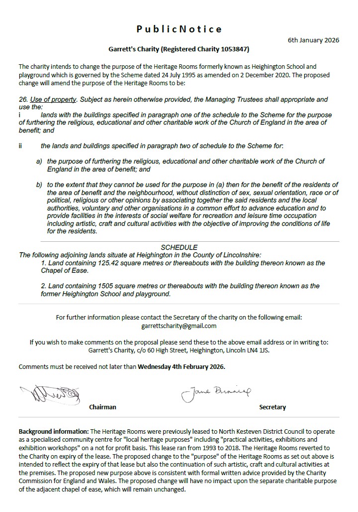 Garrett's Charity public notice