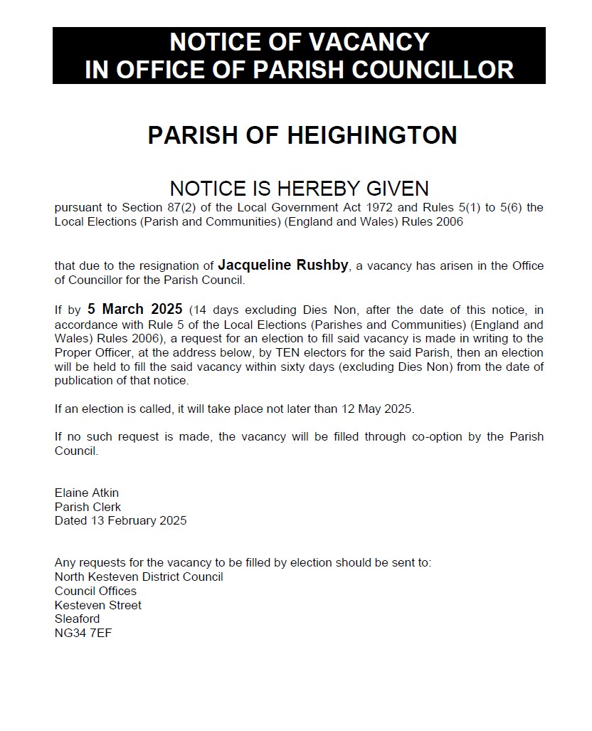 Notice of vacancy heighington j rushby